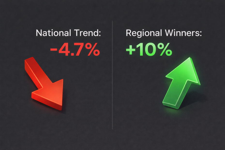 A split-screen photograph showing a Canadian home in two different seasons: the left side shows a house covered in heavy winter snow under a cold blue sky, while the right side shows a sunlit house surrounded by lush green grass and spring flowers.