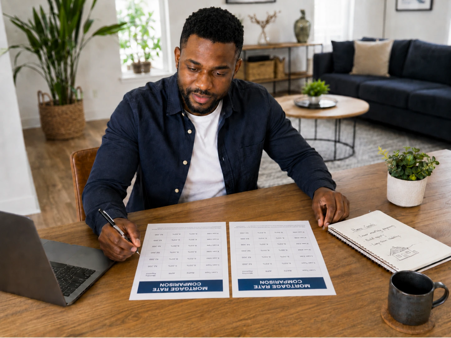 Homeowner comparing mortgage papers with rate sheets for renewal decision