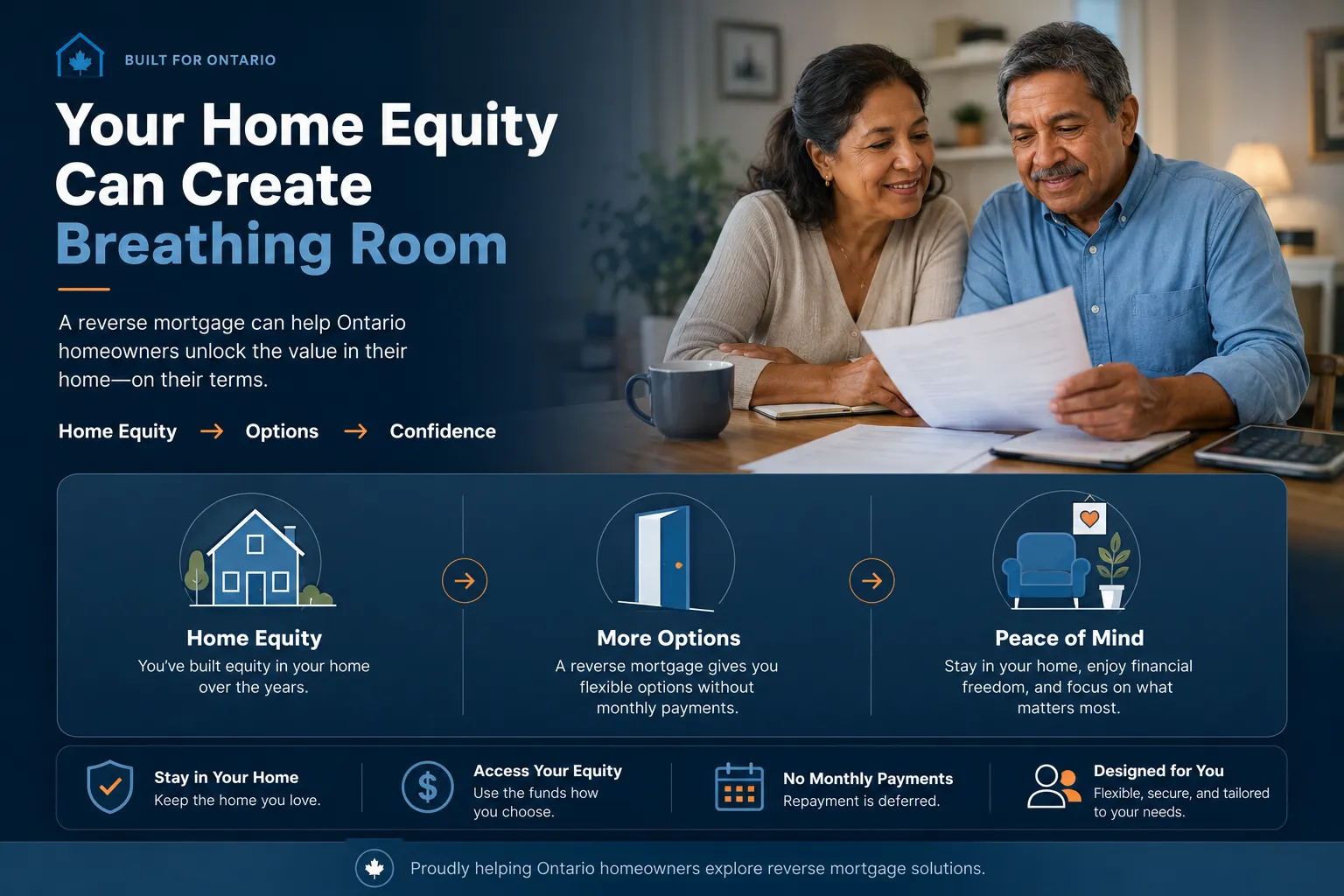Home equity, options, and confidence reverse mortgage visual for Ontario homeowners