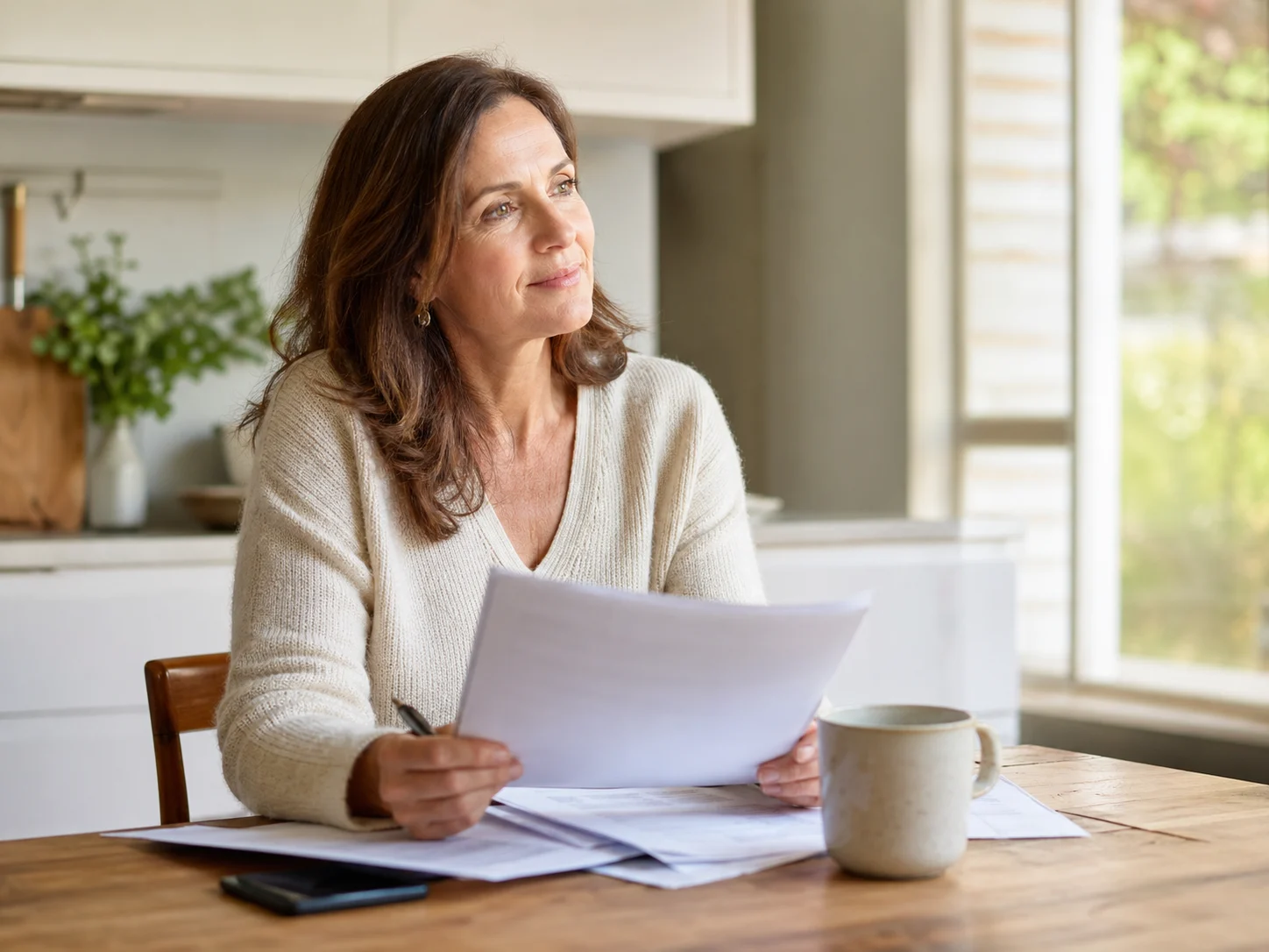 Person calmly reviewing documents at a kitchen table during a financial transition